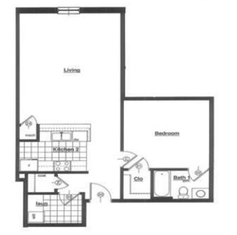 Floor plan for 1 bed, 1 bath, 750 sqft